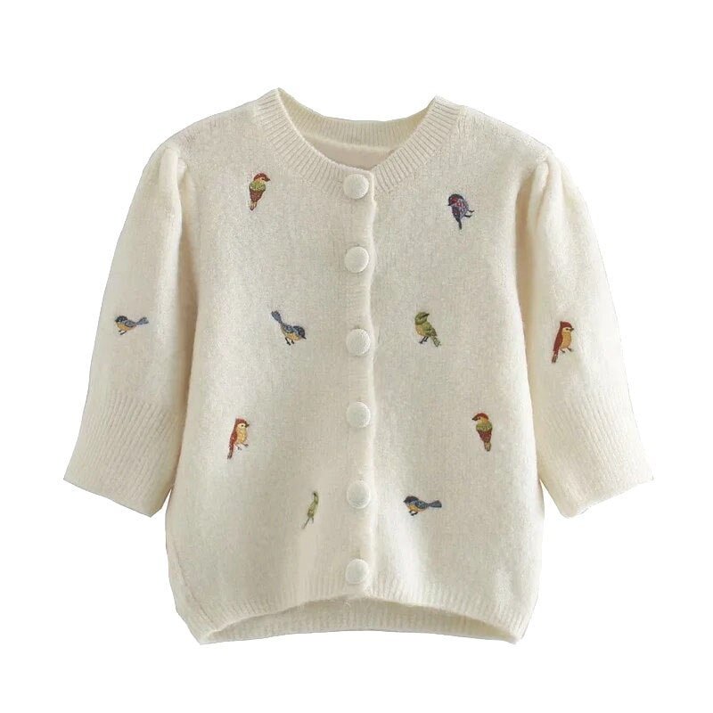TRAF Women Fashion With Embroidery Cropped Knitted Cardigan Sweater Vintage Puff Sleeve Female Outerwear Chic Tops