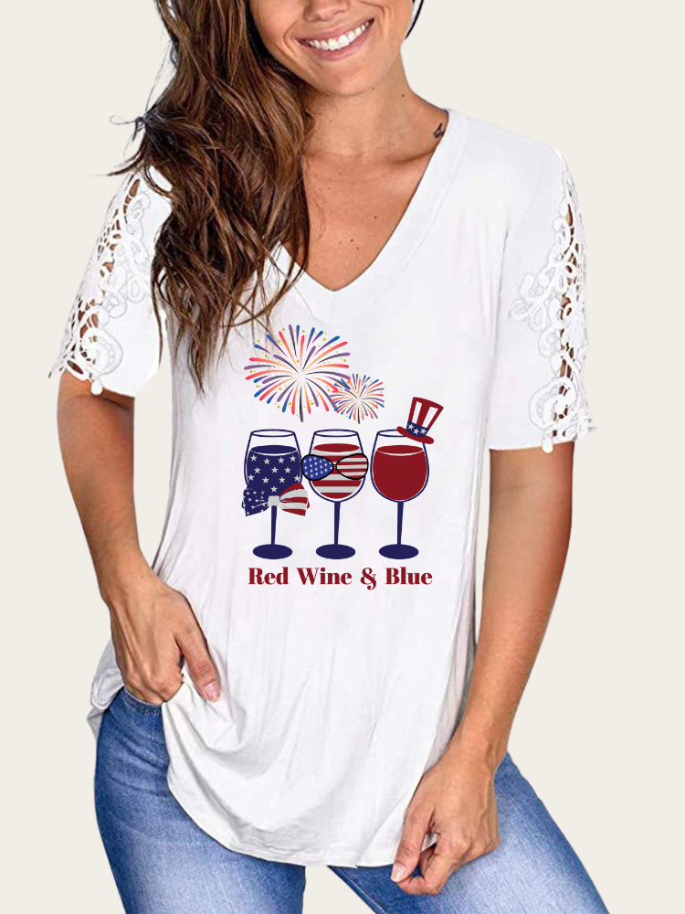 Red Wine and Blue 4th July Celebration With Firework V-Neck Lace Hollow out Short Sleeve T-Shirt