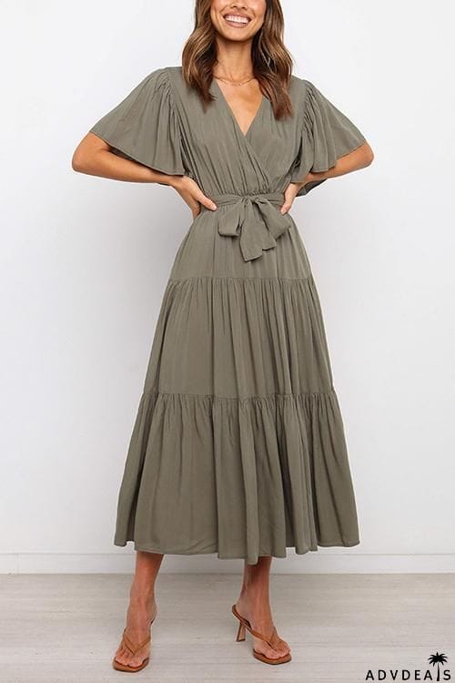 Solid Ruffles Belted Maxi Dress