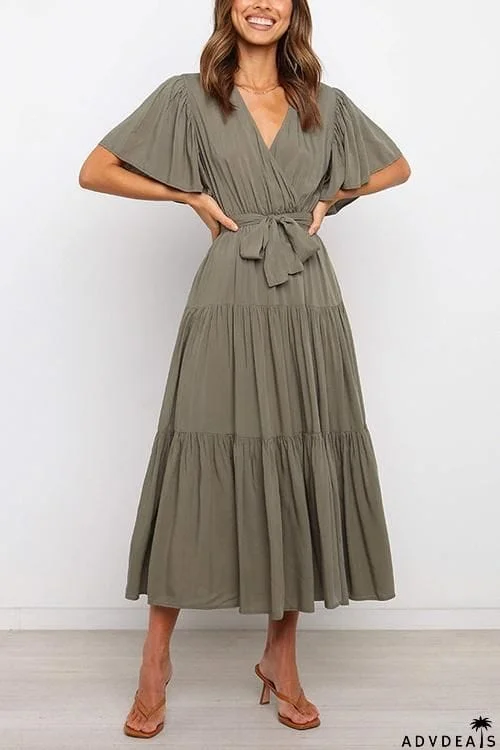 Solid Ruffles Belted Maxi Dress