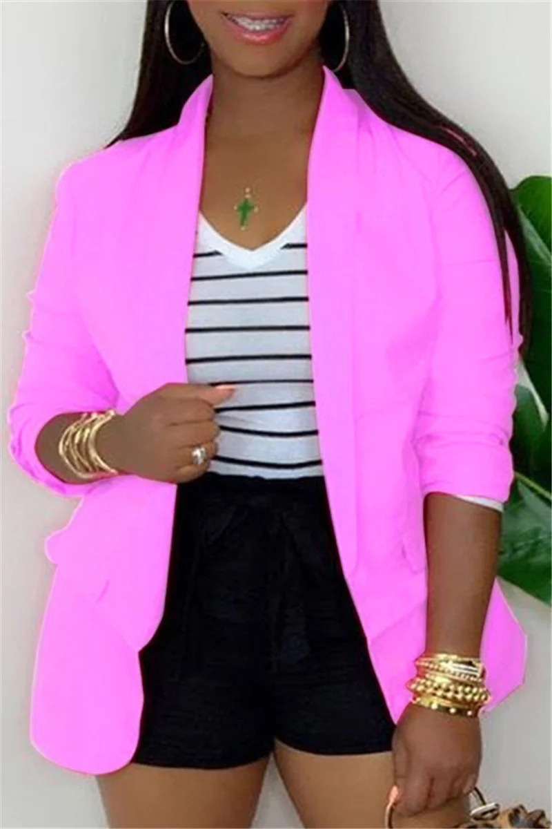 Pink Notched Solid Pure Long Sleeve Outerwear | EGEMISS