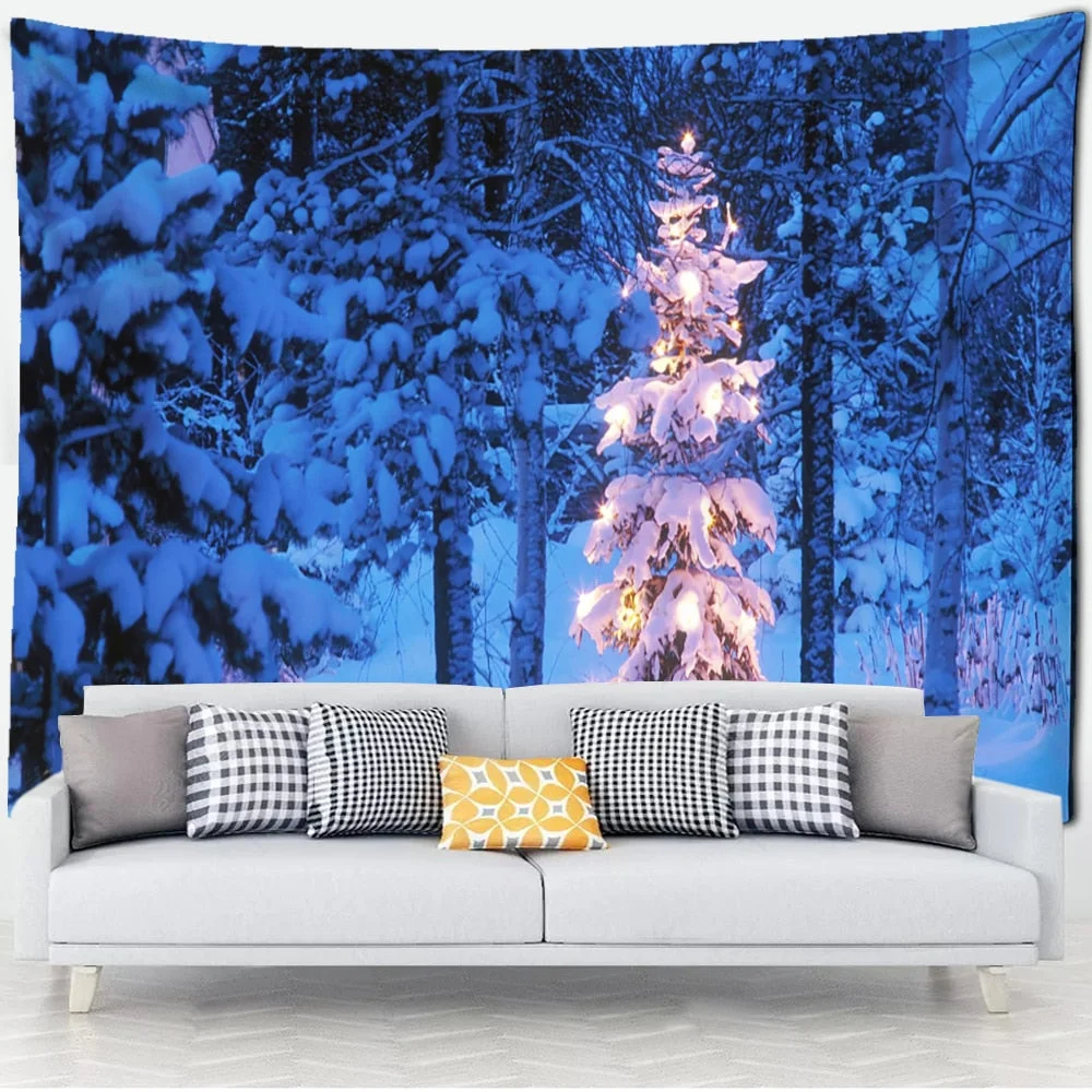 Christmas Tree Under Snow Tapestry Wall Hanging Holiday Gifts Colorful Psychedelic Tapiz Natural Scenery Home Decor