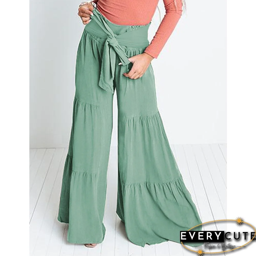 Green Smocked High Waist Palazzo Pants with Tie