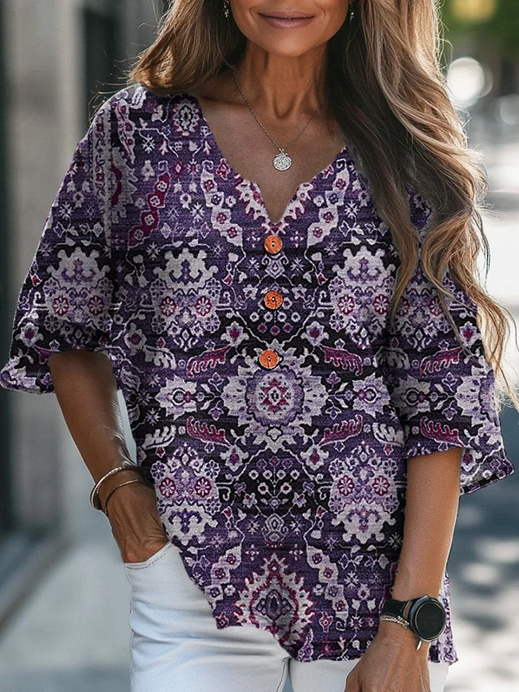 Ethnic Style Pattern Printed Women's Casual Linen V-Neck Shirt