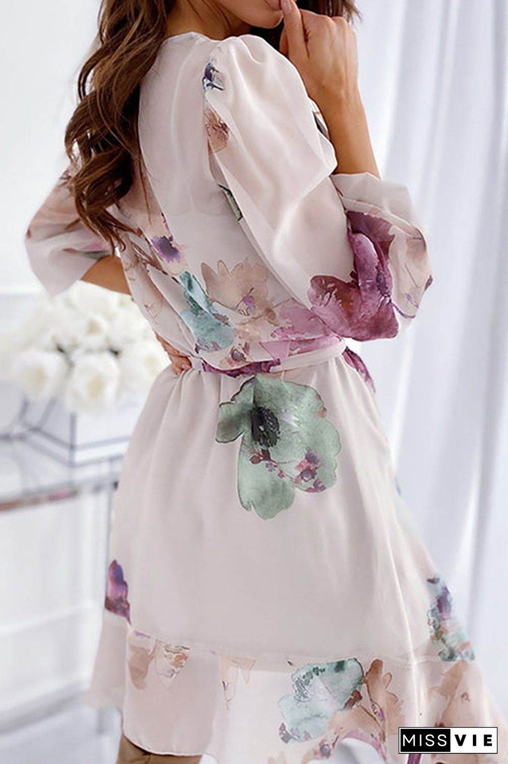 Floral Bleted Long Sleeve Mini Dress