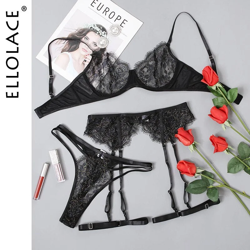 Ellolace Sexy Lingerie Lace Translucent Underwear 3 Piece Exotic