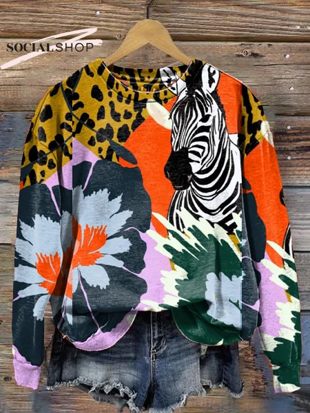 Women's Zebra Animal Print Long Sleeve Crewneck Sweatshirt socialshop