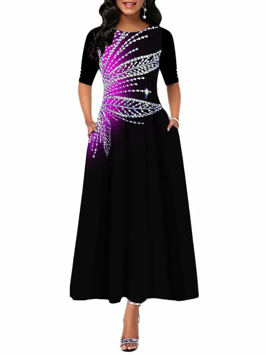Women's Elegant Dress Floral Glitter Half Sleeve with Pockets Maxi Dress