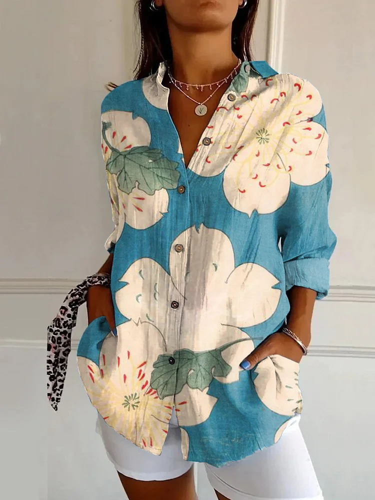 Japanese Art Floral Print Casual Long-sleeved Shirt