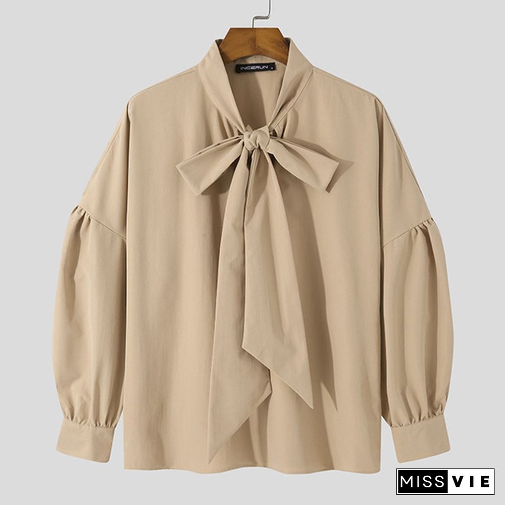 New Men Loose Long Sleeve Tie Blouse Dress Solid Color Clubwear Retro Shirts Tops