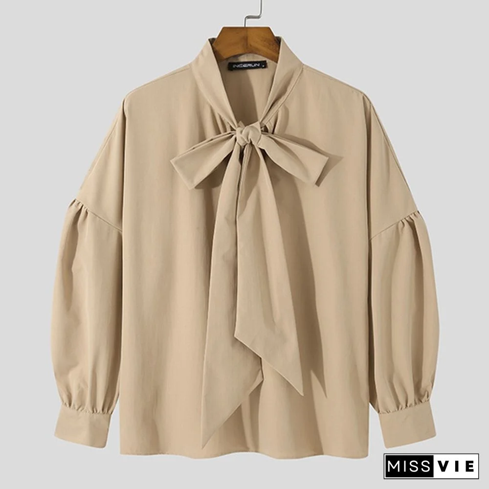 New Men Loose Long Sleeve Tie Blouse Dress Solid Color Clubwear Retro Shirts Tops