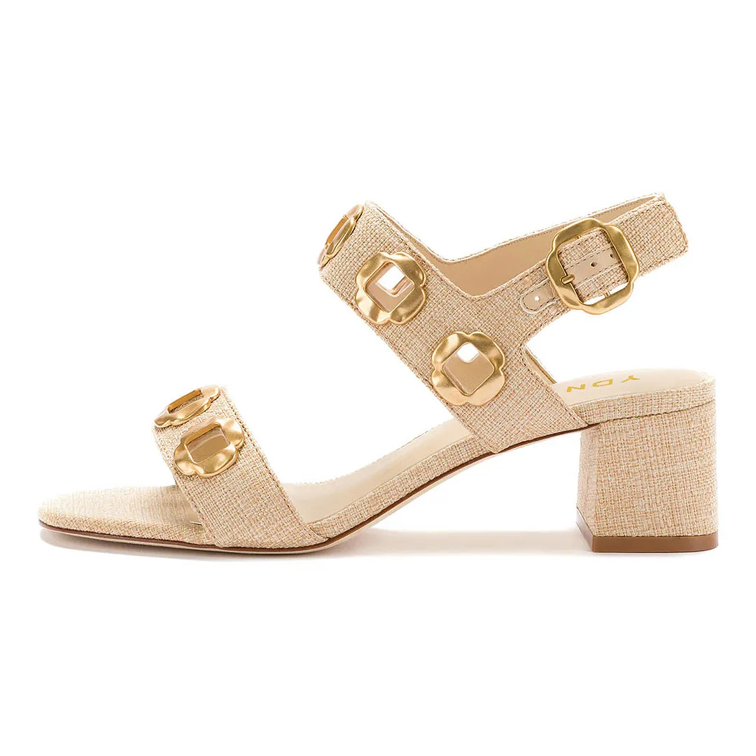 Beige Open Toe Metal Decor Block Heeled Sandals with Cut-Outs