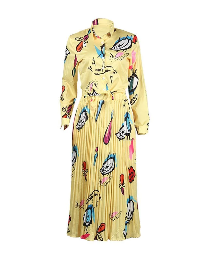 Eye-printed long-sleeved shirt + pleated skirt two-piece suit