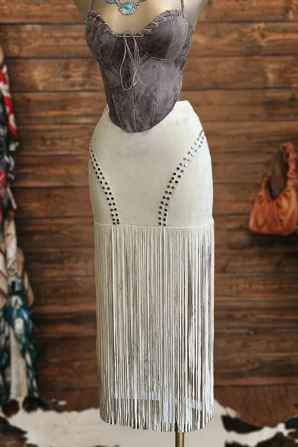 Vintage Suede Fringe Midi Skirt