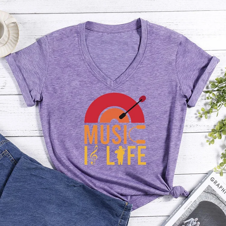 MUSIC IS LIFE V-neck T Shirt-Annaletters