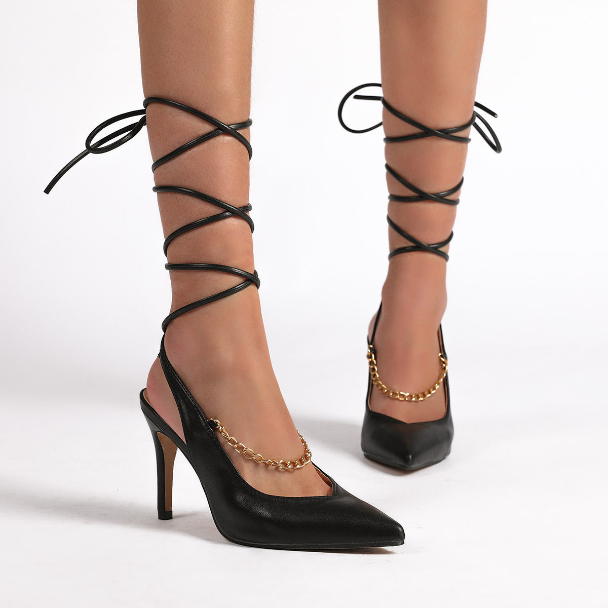 Women's pointed toe ankle tie-up heels Sexy summer party lace-up heels