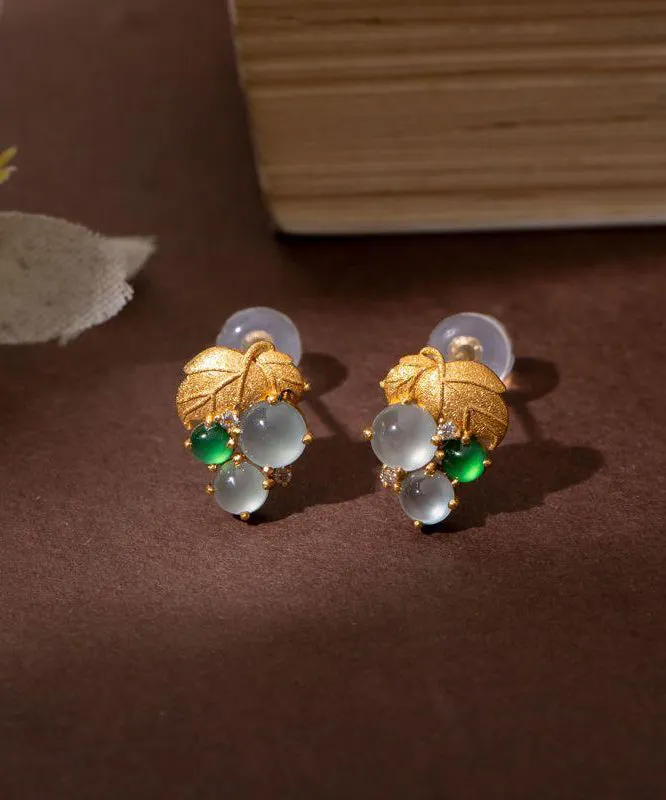 Modern Gold Sterling Silver Overgild Jade Grape Stud Earrings