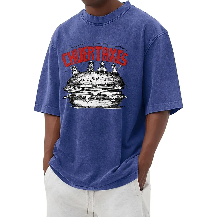 Funny hamburger graphic washed T-shirt 004