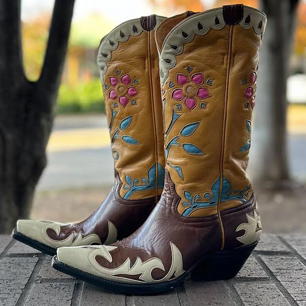 Multicolor Snip Toe Chunky Heel Flower Inlay Western Boots for Women