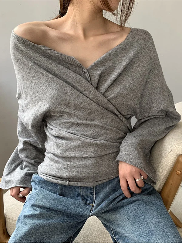 Long Sleeves Loose Buttoned Solid Color V-Neck Cardigan Tops
