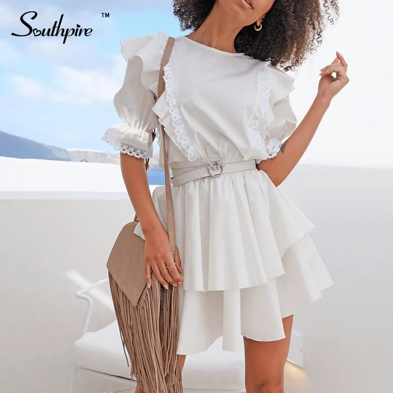 Back To College Southpire O-Neck A-Line Lace Patchwork White Summer Dress 2023 Women Half Sleeve Ruffle Mini Wedding Party Dress Ladies Clothes