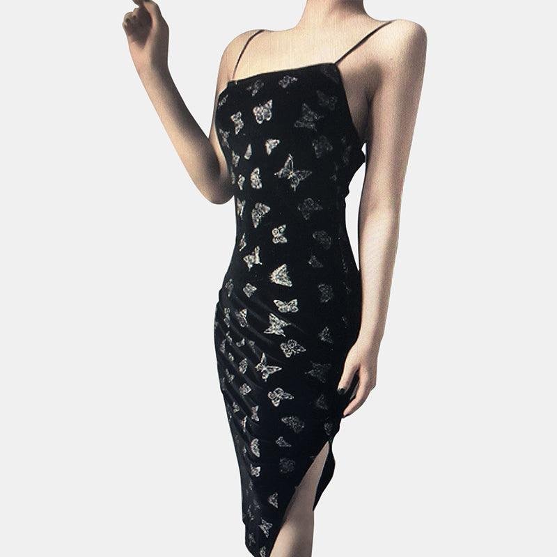 Butterfly Printed Velvet Strap Long Dress