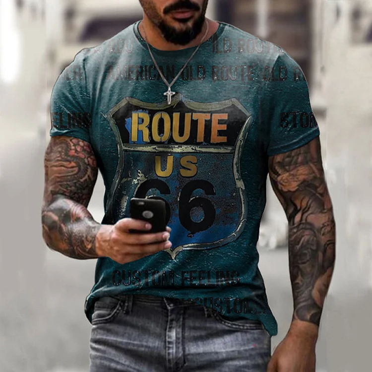 Route 66 Vintage Printed Short Sleeves Mens T-Shirts at Hiphopee