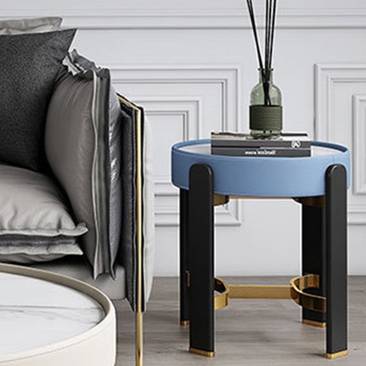 Homemys Modern Blue Round End Table Sintered Stone Top Side Table Soild Wood in Black