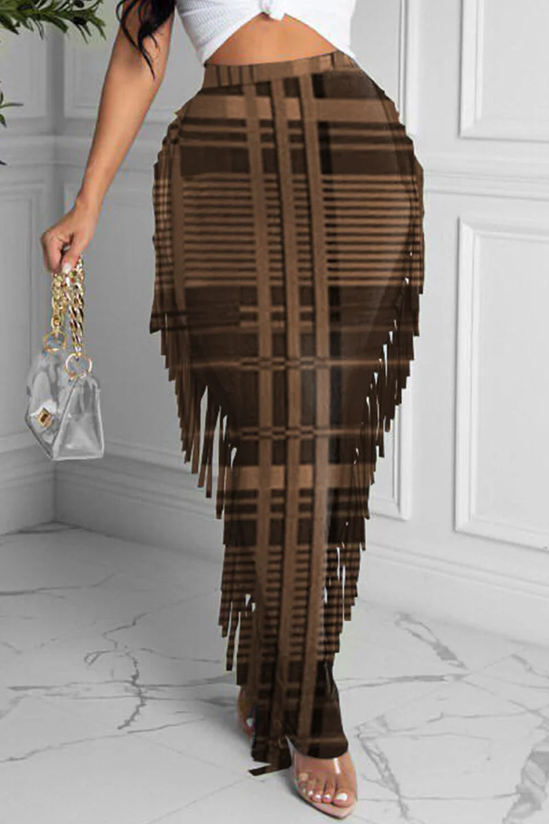 Fashion Casual Plaid Print Tassel Regular High Waist Skirt
