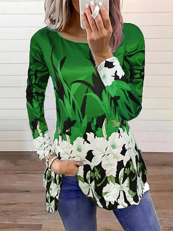Women Long Sleeve Scoop Neck Floral Printed Graphic Top