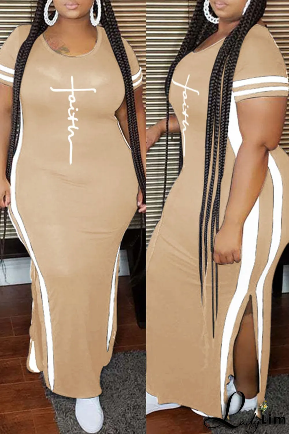 Tibetan Blue Fashion Casual Plus Size Print Slit O Neck Short Sleeve Dress