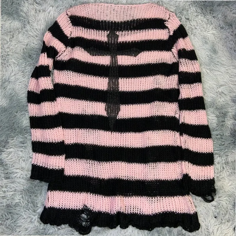 Plus Size Punk Gothic Long Unisex Sweater Dress Women Man Striped Cool Hollow Out Hole Broken Jumper Loose Rock Thin Sweter 2021