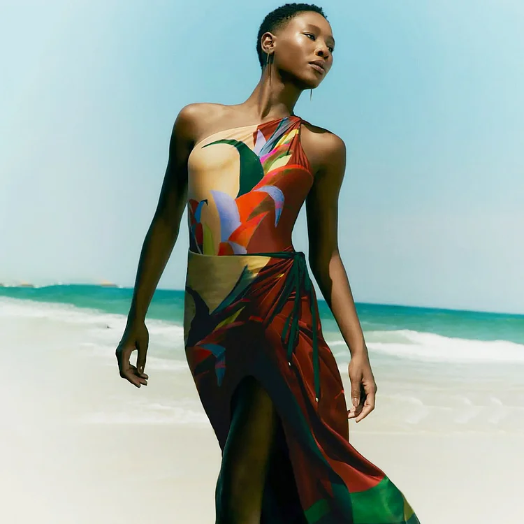 One Shoulder Printed One Piece Swimsuit and Skirt