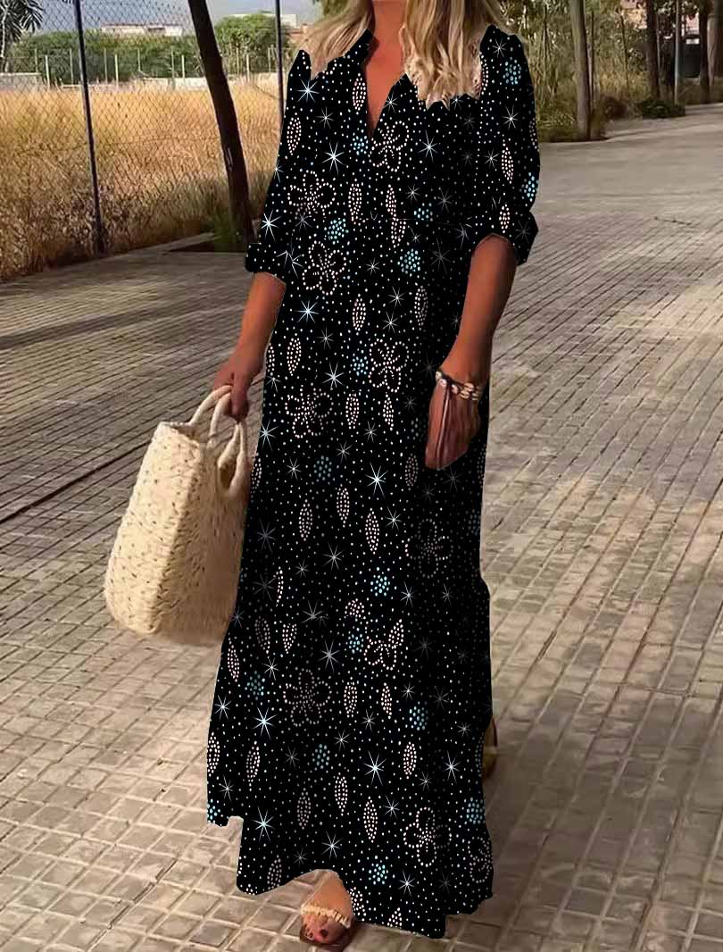 Women Shiny, Black, Blue DZDN0662 SPU Printed Long Sleeve V-neck Maxi Dress