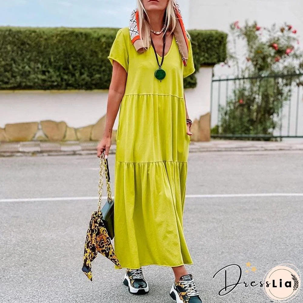 Yellow Plain Short-Sleeved Pockets Dress