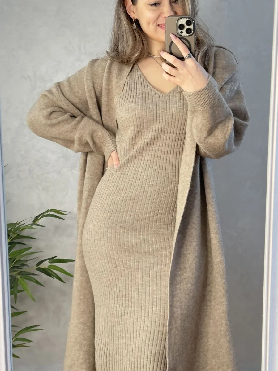 Athvotar Athvotar Knitted Suit For Autumn/Winter 2025 Women's Elegant Vest Dress + Long Open Shirt Jacket Hot