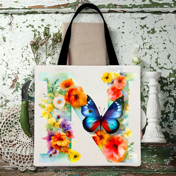 M Color Flower And Butterfly Combination Printed Canvas Bag-BSTC1262