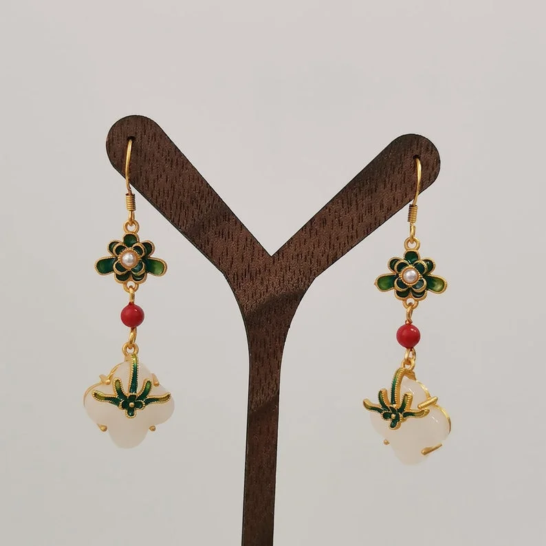 White Jade Flower Boho Drop Dangle Earring