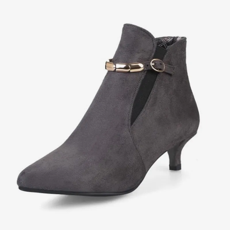Women Ankle Boots Buckle Strap Plus Size Ladies Thin High Heels Female Flock Metal Elastic Band Autumn Winter Warm Classic Shoes