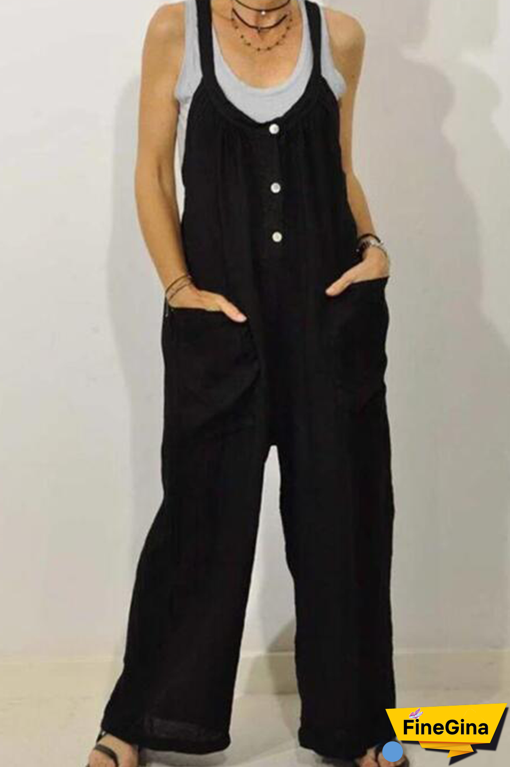 Casual Solid Split Joint U Neck Loose Jumpsuits