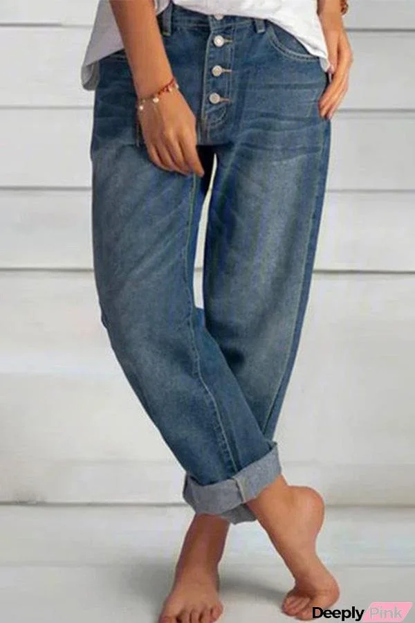 Button Down Cuff Straight Leg Jeans