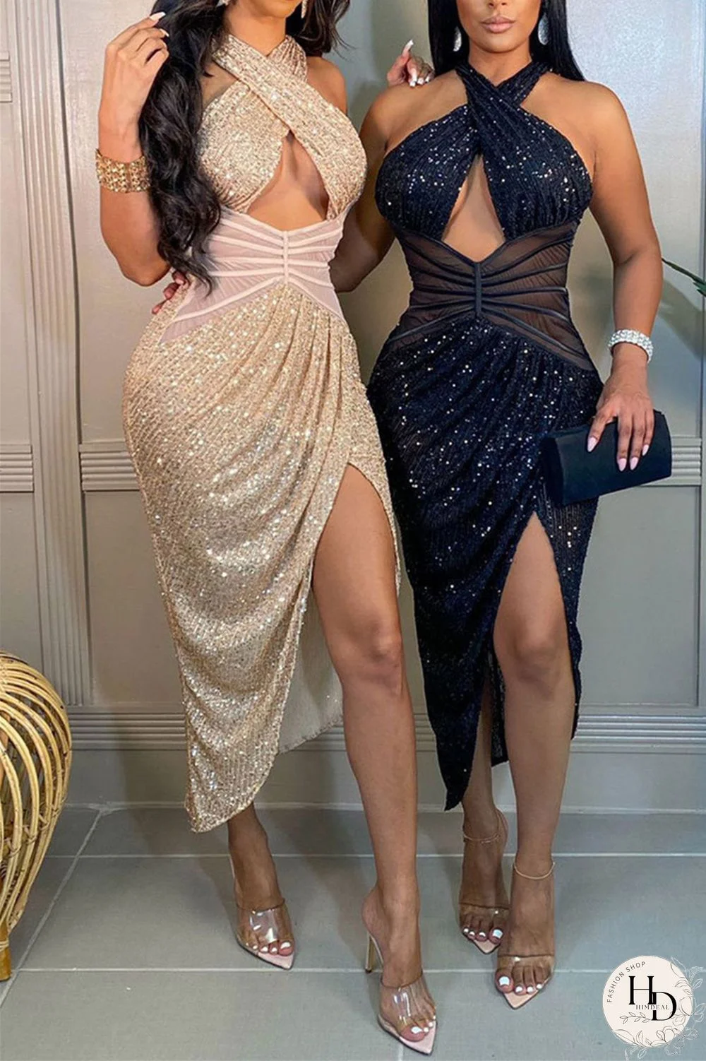 Black Sexy Patchwork Hollowed Out Sequins Backless Halter Sleeveless Dress Dresses