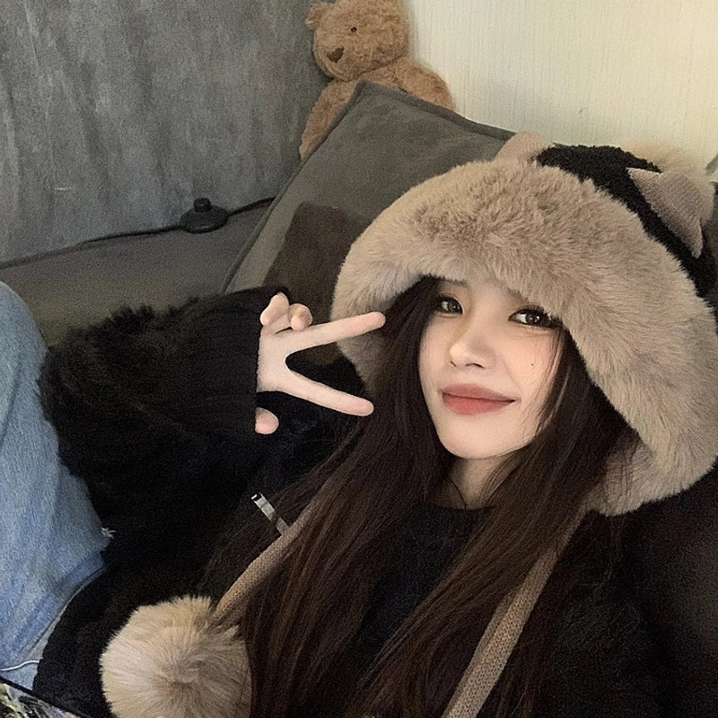 Winter Korean Style Versatile Cute Ear Plush Hat Women’s Fleece-lined Ear Protection Lei Feng Hat Women’s Warm Toe Cap Fashion