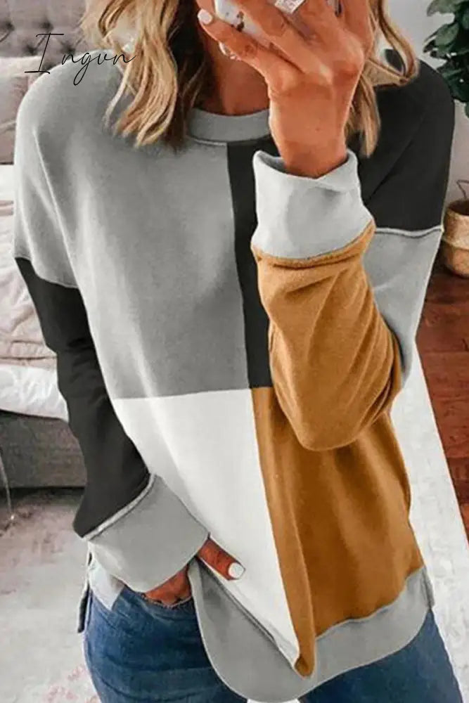 Ingvn - Casual Color Lump Patchwork Contrast O Neck Tops(5 Colors) Brown / S Tops/Sweats & Hoodies