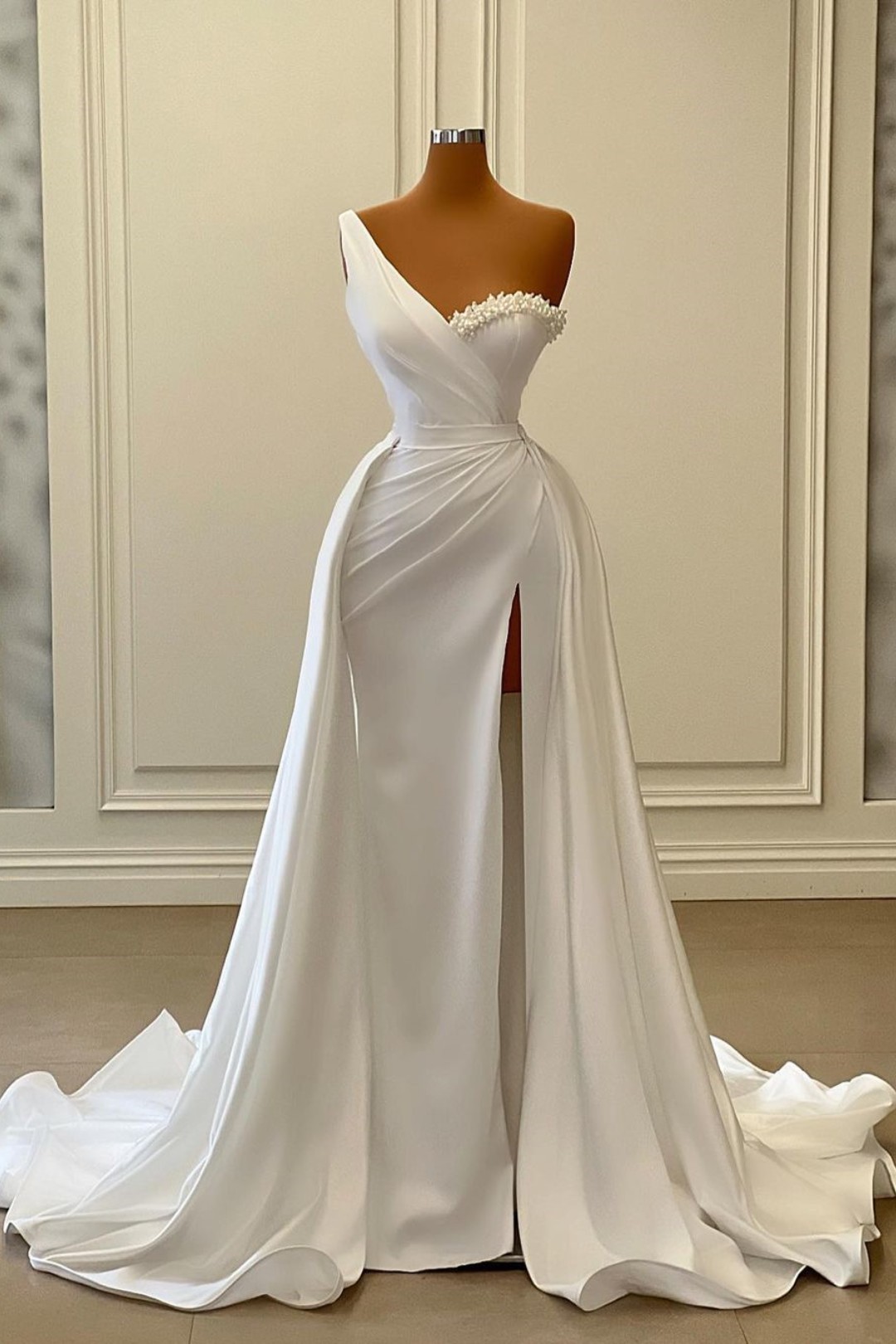 Ovlias White Sleeveless One Shoulder Beaded Wedding Dress YL0163