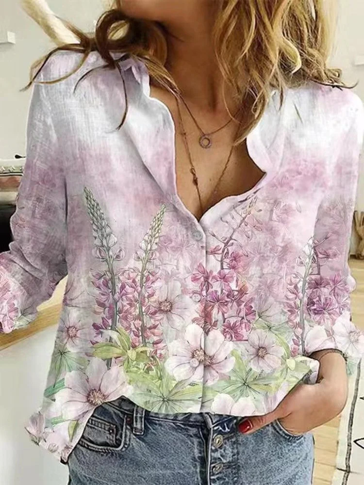 Long Sleeve Lapel Digital Floral Print Shirt