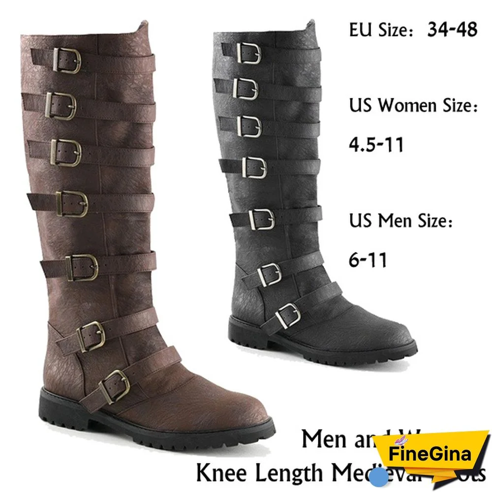 Steampunk Men's Women's Vintage Pull-On Multi-Buckled Strap Knee High Boots Fashion Retro Knight Pirate Warrior Boots Brown Black Distressed Medieval Pu Leather Boots Renaissance Cosplay Stage Boots