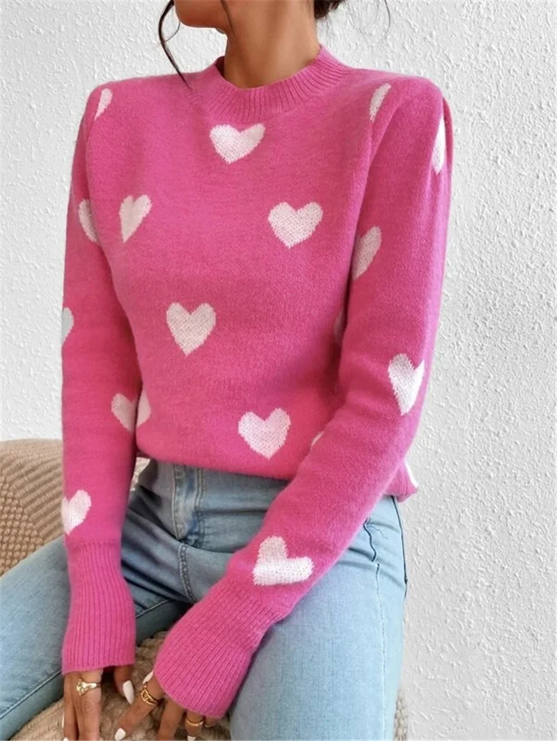 Athvotar Athvotar And Winter New Heart Pattern Loose Round Collar Knitting Jacket Sweater