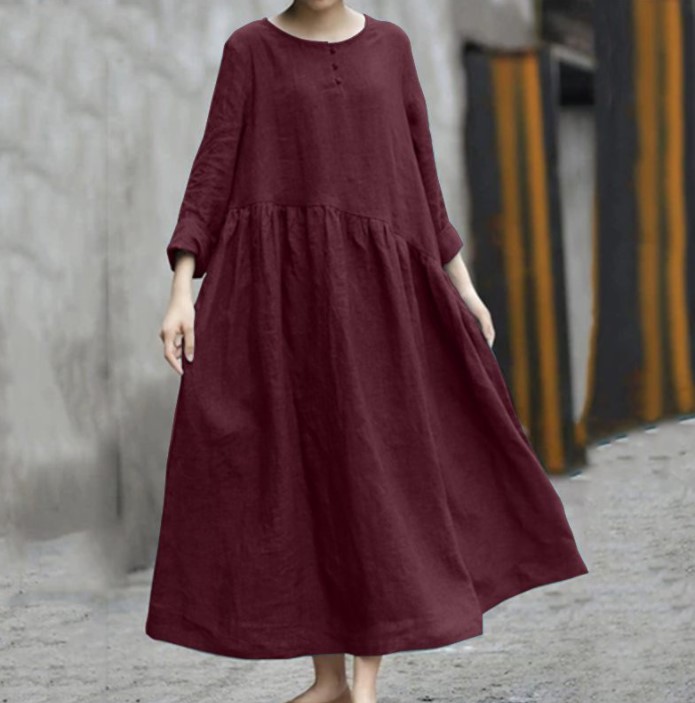 Women Solid Color Linen Dress