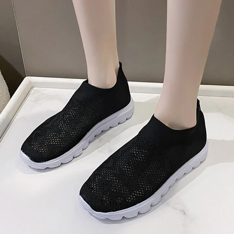 Vstacam Breathable Mesh Sneaker Shoes for Women 2023 Autumn Slip-On Knitted Flats Woman Lightweight Soft Sole Casual Shoes Super Size 43